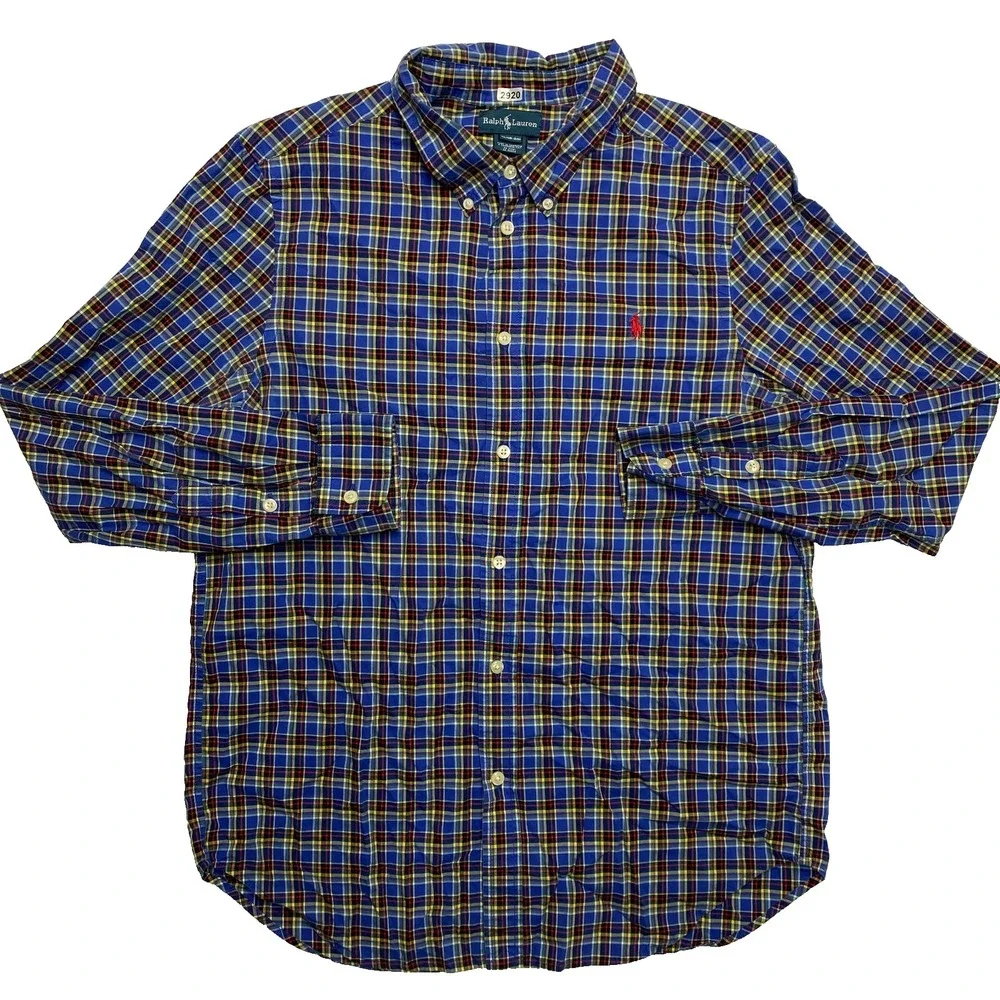 Ralph Lauren Shirt Boys XL Blue Long Sleeve Red Pony Plaid Button Down
